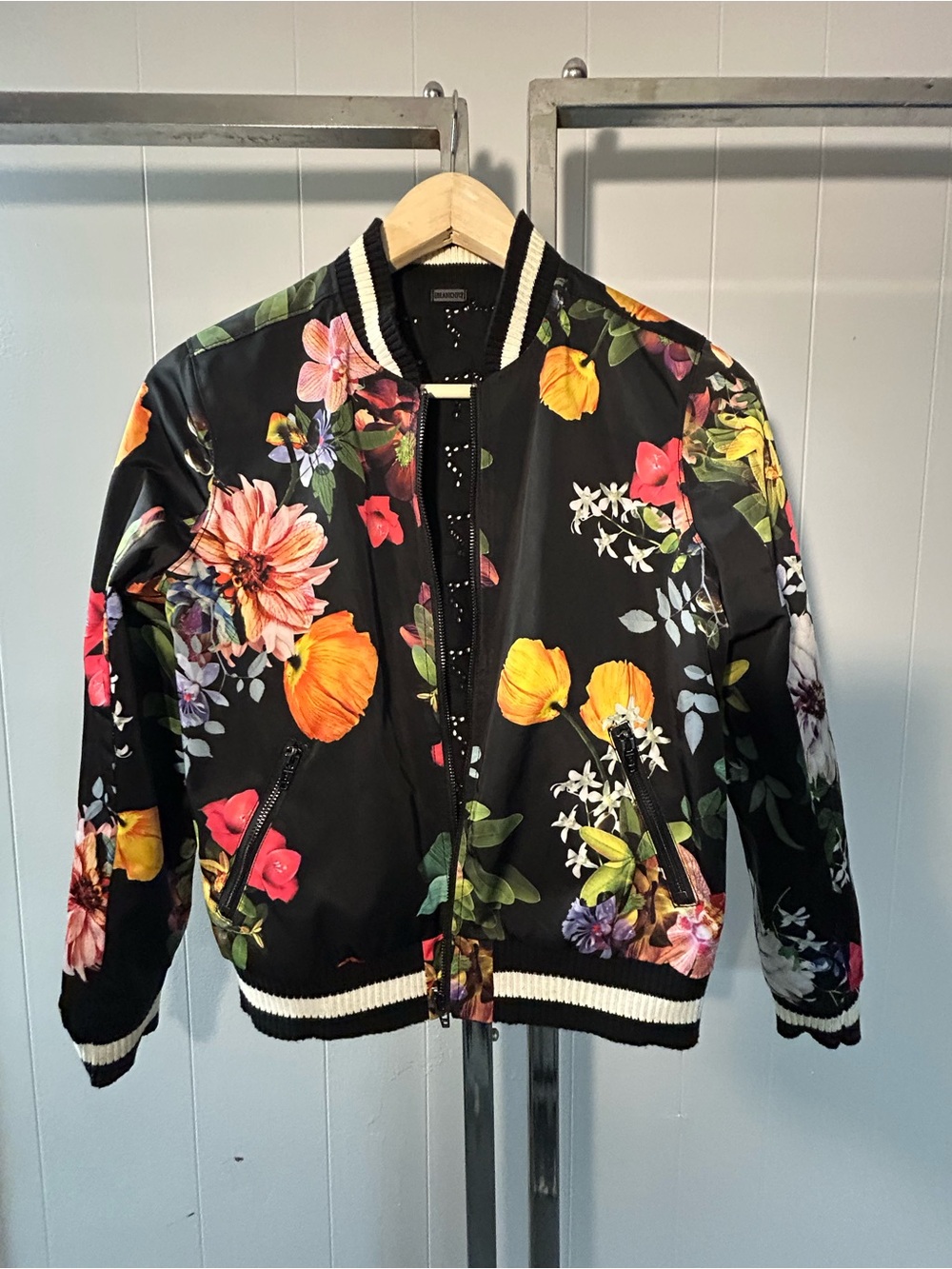 Blank NYC Black Floral Bomber Jacket with Multicolor Blooms Reversible Small